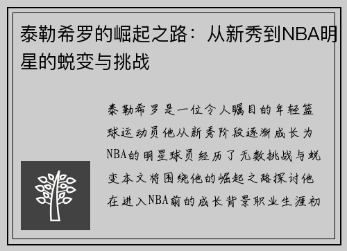 泰勒希罗的崛起之路：从新秀到NBA明星的蜕变与挑战